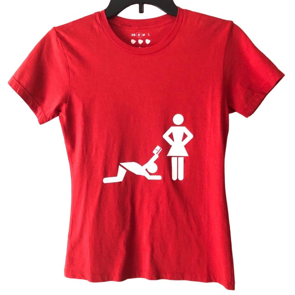 Rhetoric Red White Financial Comedy Shop Crew Neck Fitted Graphic T Shirt Top
